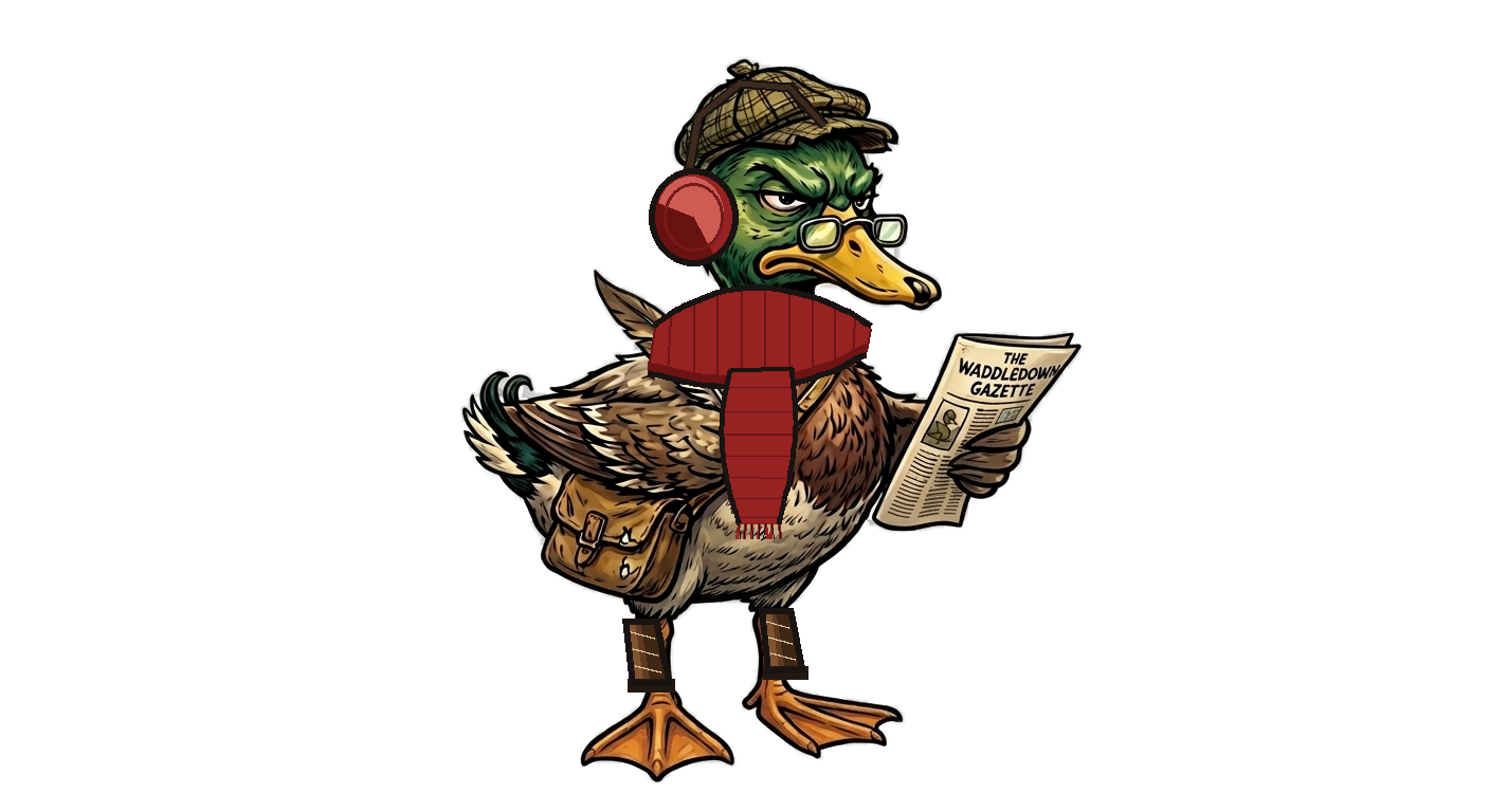 Bitter Bill bundled up in a scarf and earmuffs, the Gazette tucked under one wing