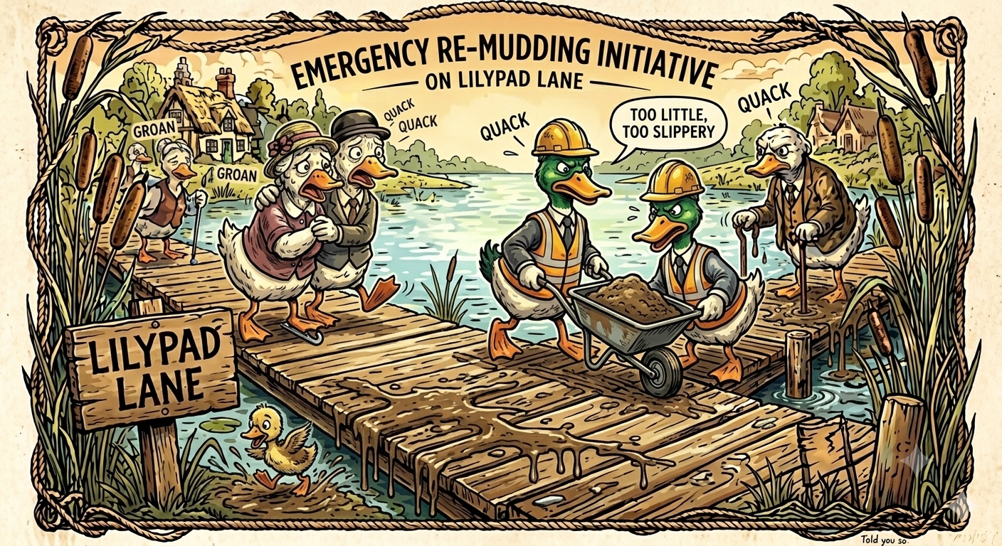 The parish council's Emergency Re-Mudding Initiative on Lilypad Lane