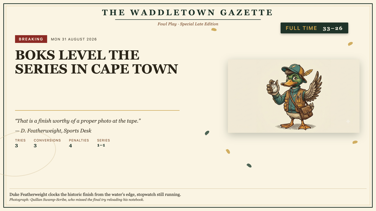 Waddletown Gazette special late edition panel: Duke Featherweight holding his stopwatch beside the headline Boks Level the Series in Cape Town, full time score 33 to 26