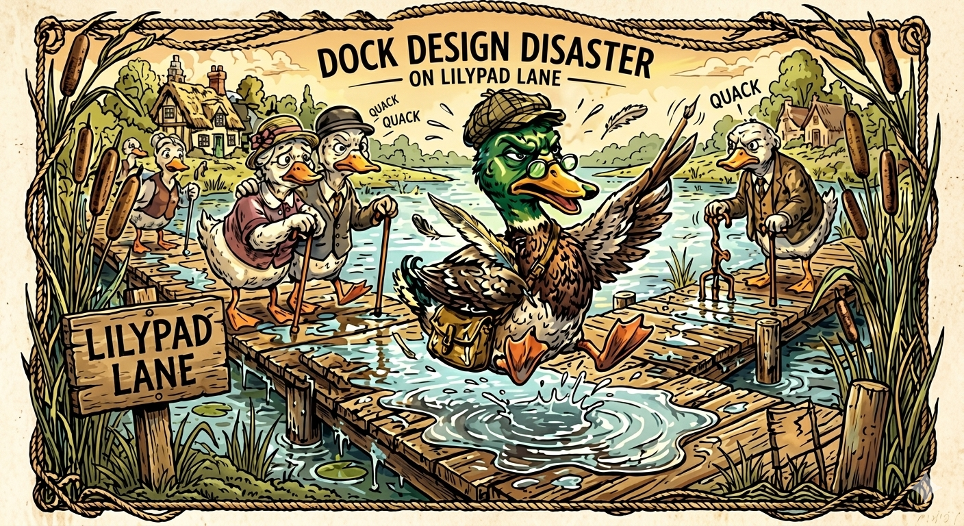Ducks slipping on the new boardwalk at Lilypad Lane