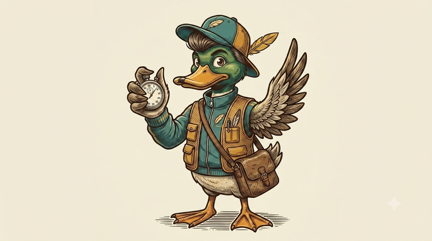 Duke Featherweight, stopwatch in wing, notebook and feather pen at the ready