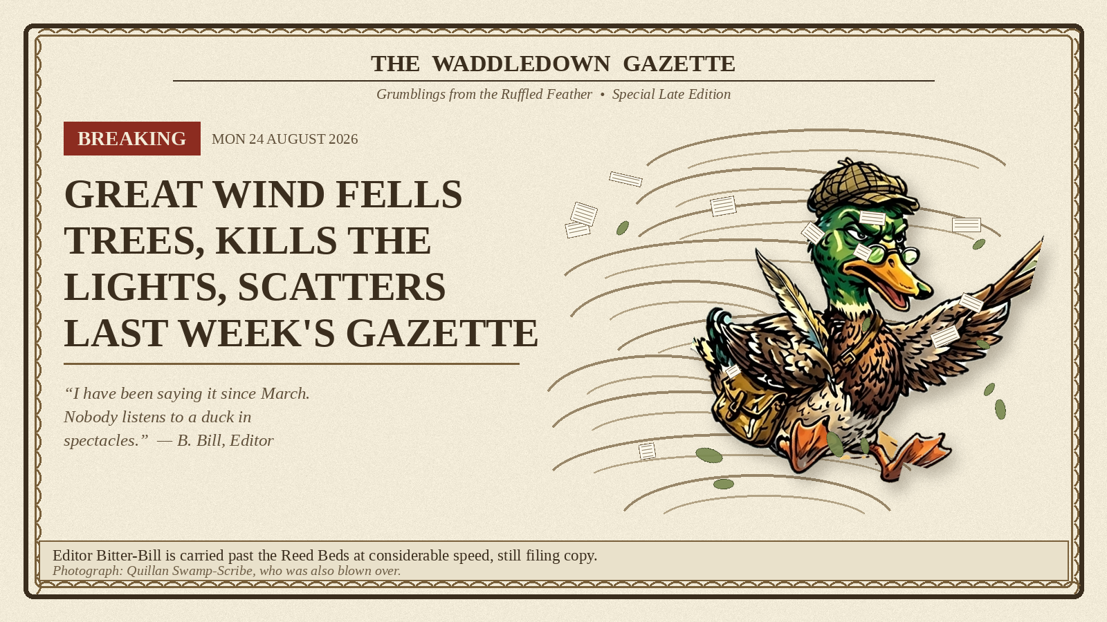 Waddledown Gazette special late edition panel: Editor Bitter-Bill blown sideways past the Reed Beds amid flying leaves and torn newspaper, under the headline Great Wind Fells Trees, Kills the Lights, Scatters Last Week's Gazette