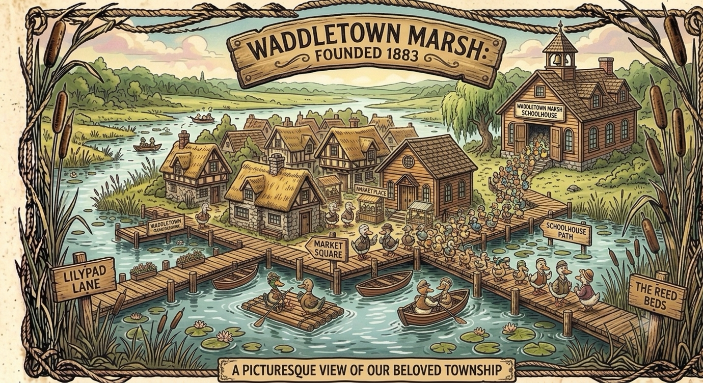 Ducklings pouring out of the Waddletown Marsh Schoolhouse down the Schoolhouse Path towards Market Square