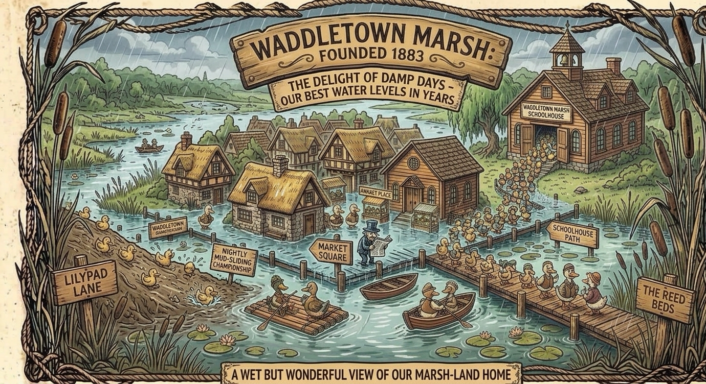 Waddletown Gazette special edition panel: rain falling over a flooded, thriving Waddletown Marsh, with a nightly mud-sliding championship sign on the bank and ducklings streaming down Schoolhouse Path, under the headline The Delight of Damp Days — Our Best Water Levels in Years