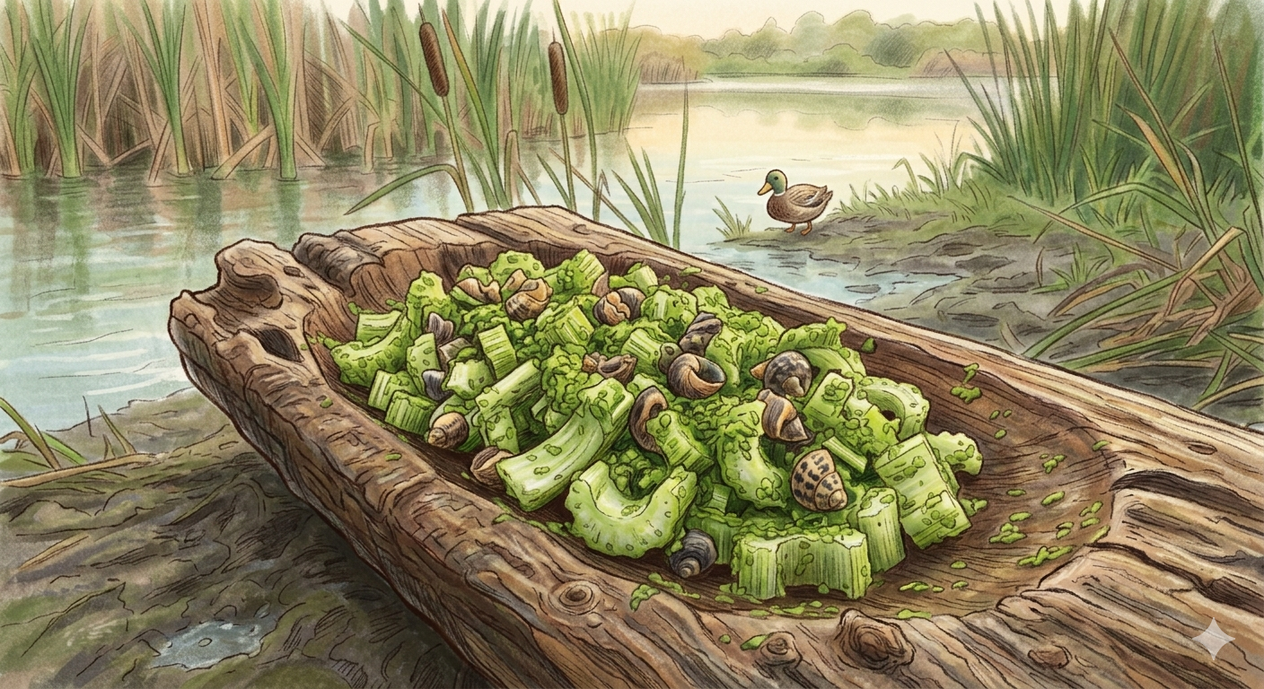 Wild celery and snail salad served on a log